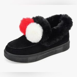 Journee Collection Black Faux Fur Slippers with Red and White Pom Poms